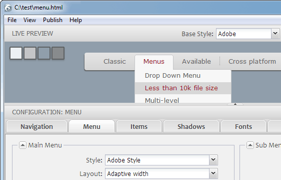 swimbi app adobe style menu